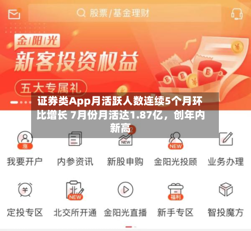证券类App月活跃人数连续5个月环比增长 7月份月活达1.87亿，创年内新高